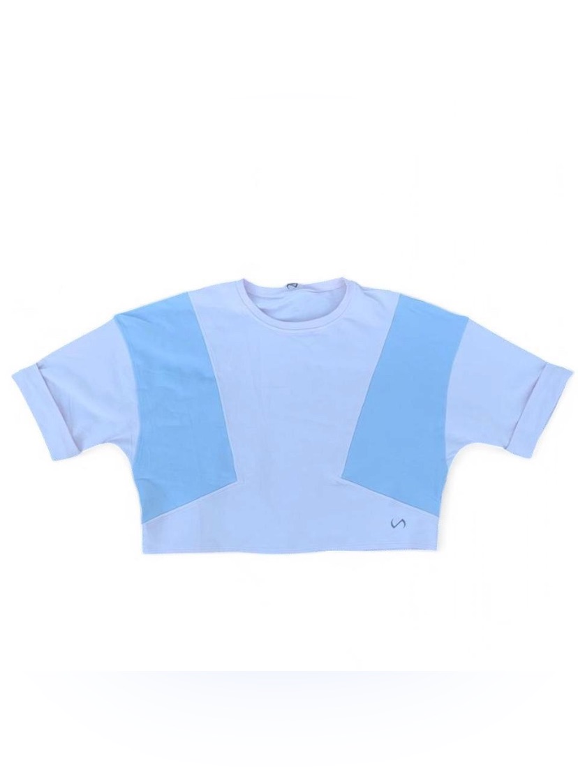 Pastel Loungewear Pink And Blue-Grey Oversized Crop Top With Cuffed Sleeves
